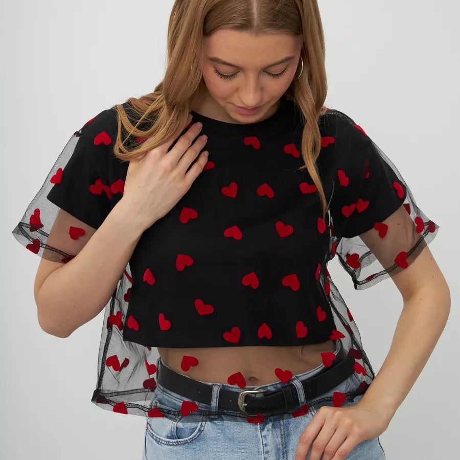 Elegant Faux Two Piece Cotton Short Top featuring black mesh with red heart pattern and ruffles