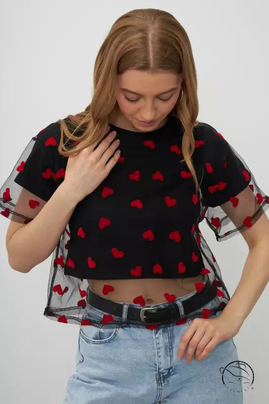 Elegant faux cotton short top in black mesh with red heart pattern