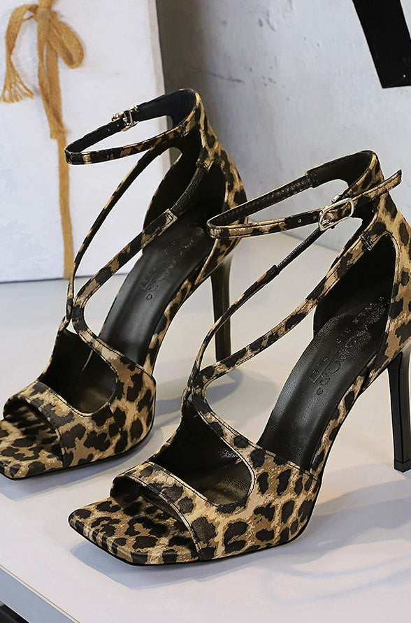 Langry fashion cocktail leopard print square high heel sandals with ankle and crisscross straps