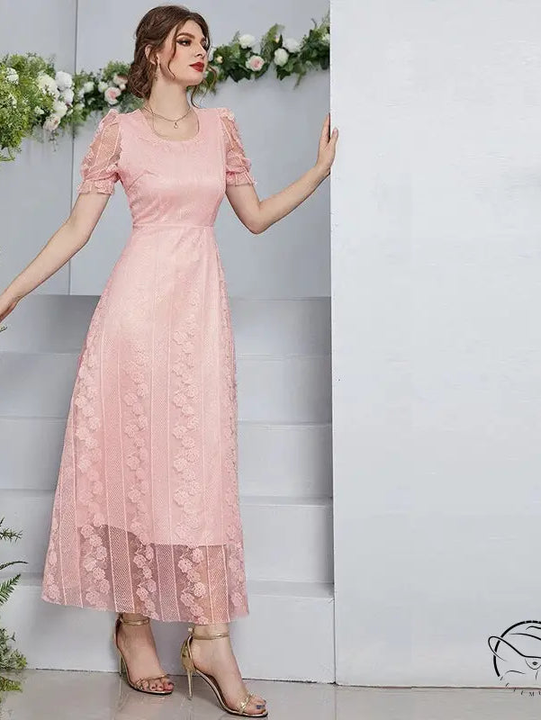 Langry fashion soft pink lace midi dress with floral embroidery