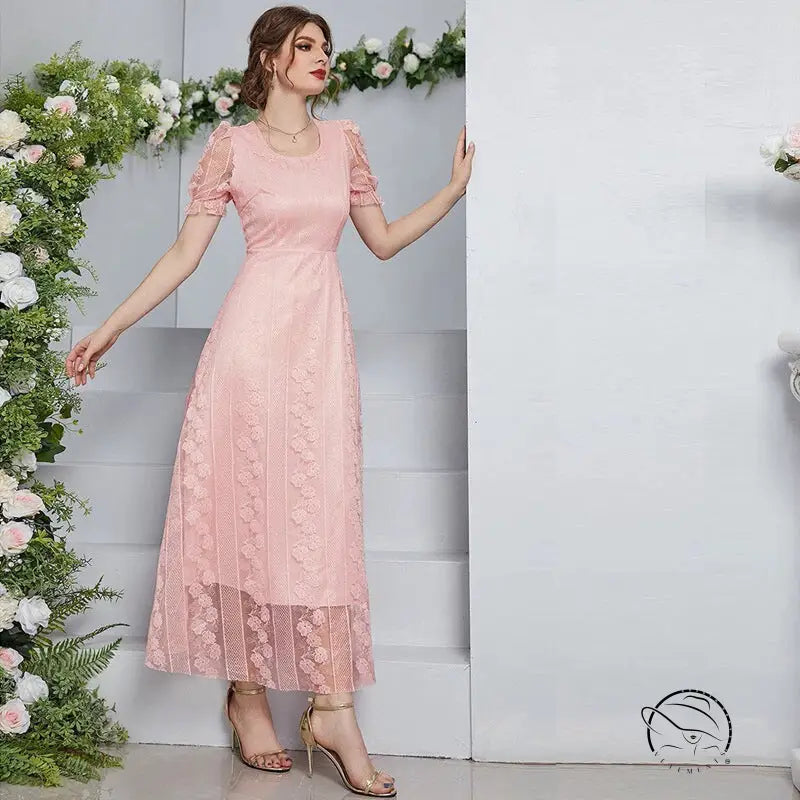 Langry fashion soft pink lace midi dress with floral embroidery
