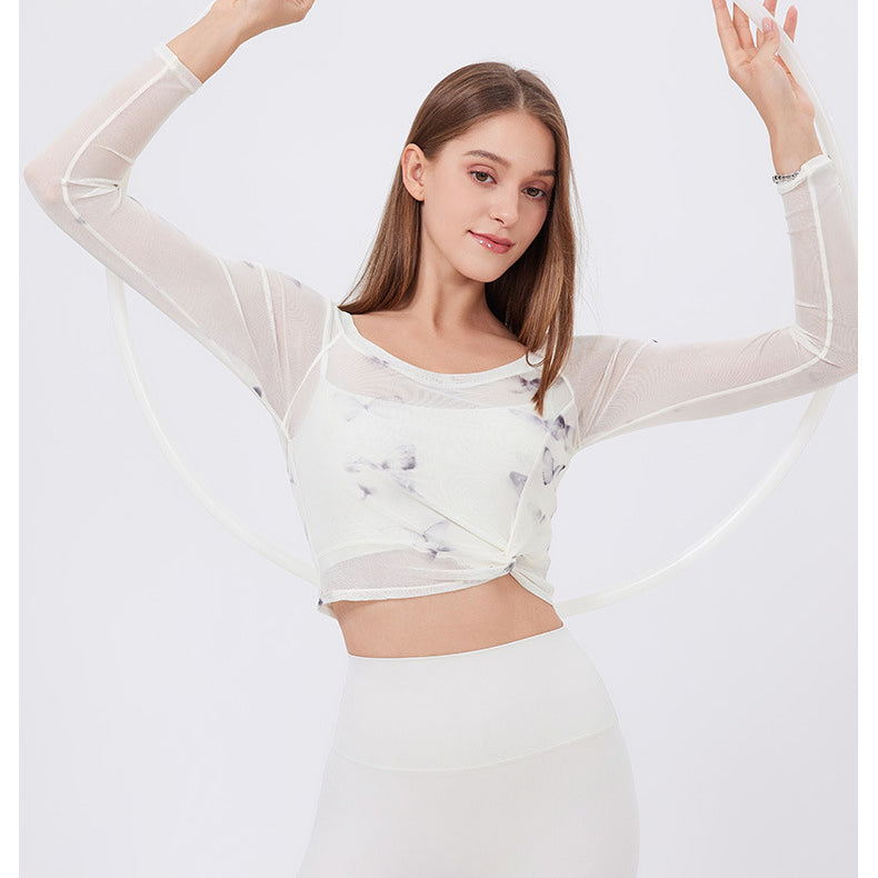 Floral Butterfly Faux Two Piece Sports t Shirt Women Long Sleeve with Chest Pad Yoga Clothes Mesh Top Quick Drying