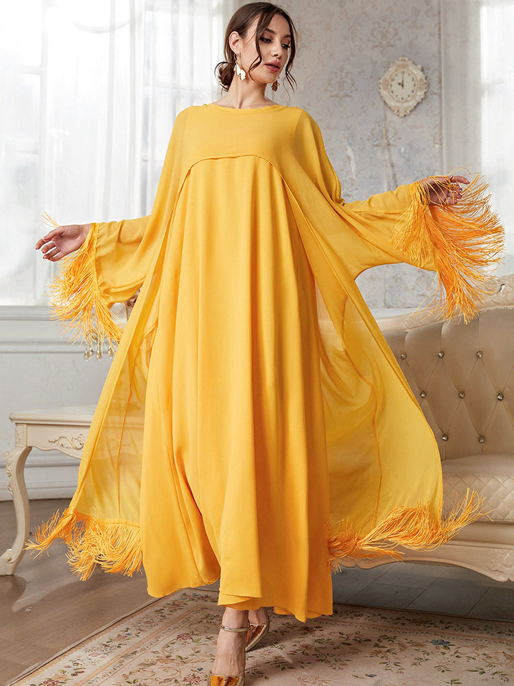 Yellow fringed abaya langry fashion dress with batwing sleeves