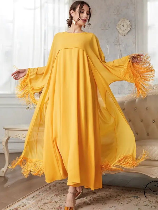 Yellow fringed abaya langry fashion dress with batwing sleeves