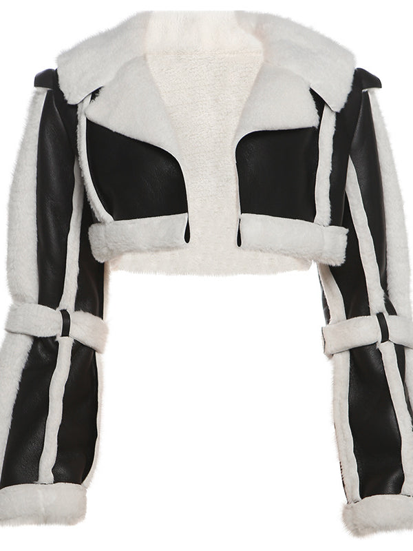 Langry fashion black and white shearling cropped jacket with faux leather accents