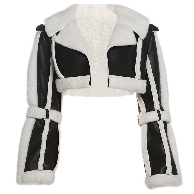 Langry fashion black and white shearling cropped jacket with faux leather accents