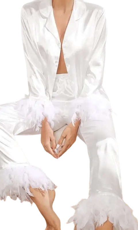 Elegant satin ice silk pajamas suit with feather trim cuffs