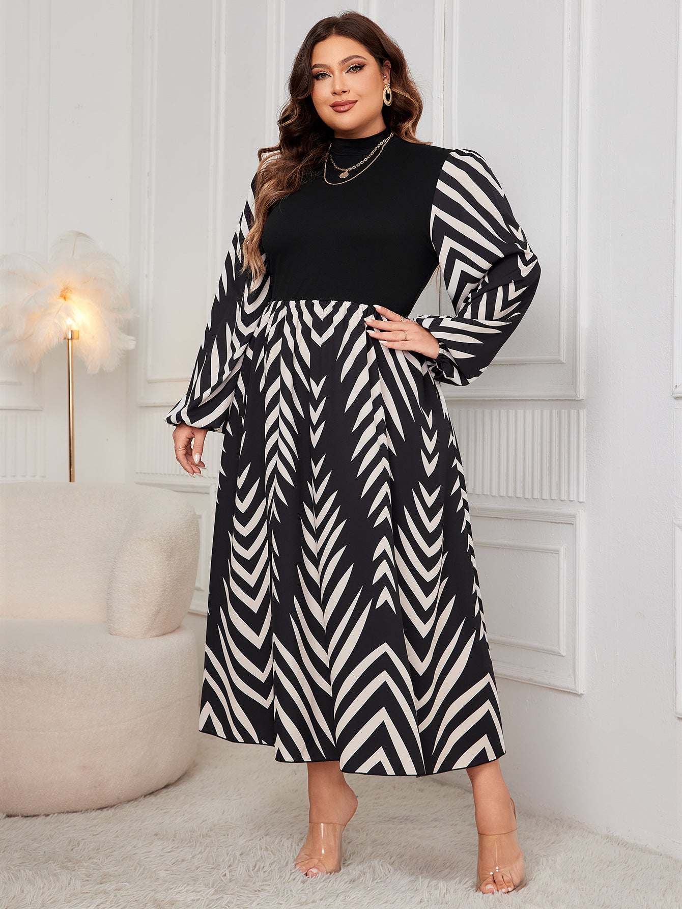 Elegant Puff Sleeve High Waist Dress featuring a black and white chevron pattern in fashion