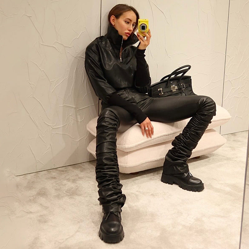 Faux Leather Zipper Sweatshirt