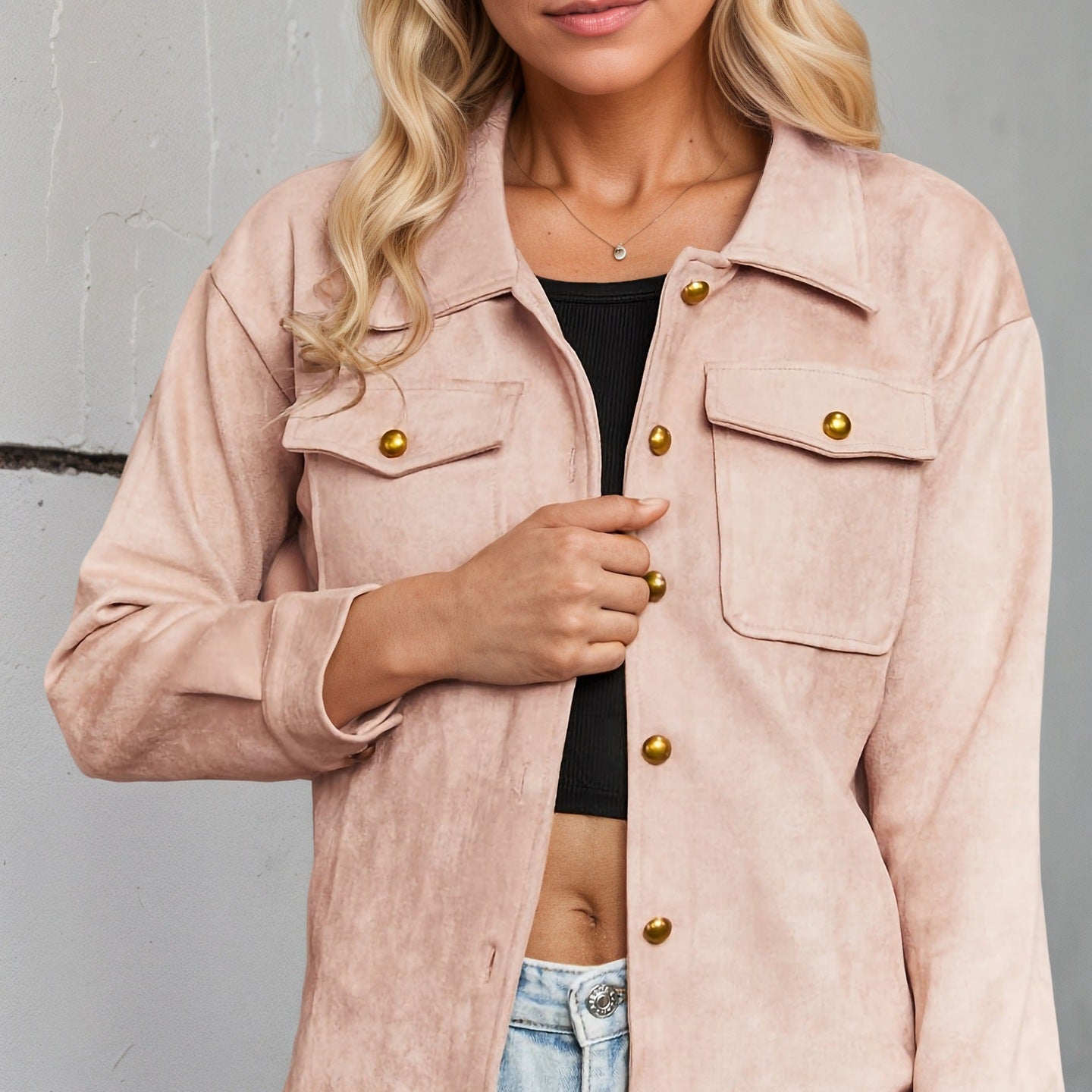 Blush pink suede Langry fashion jacket with gold buttons