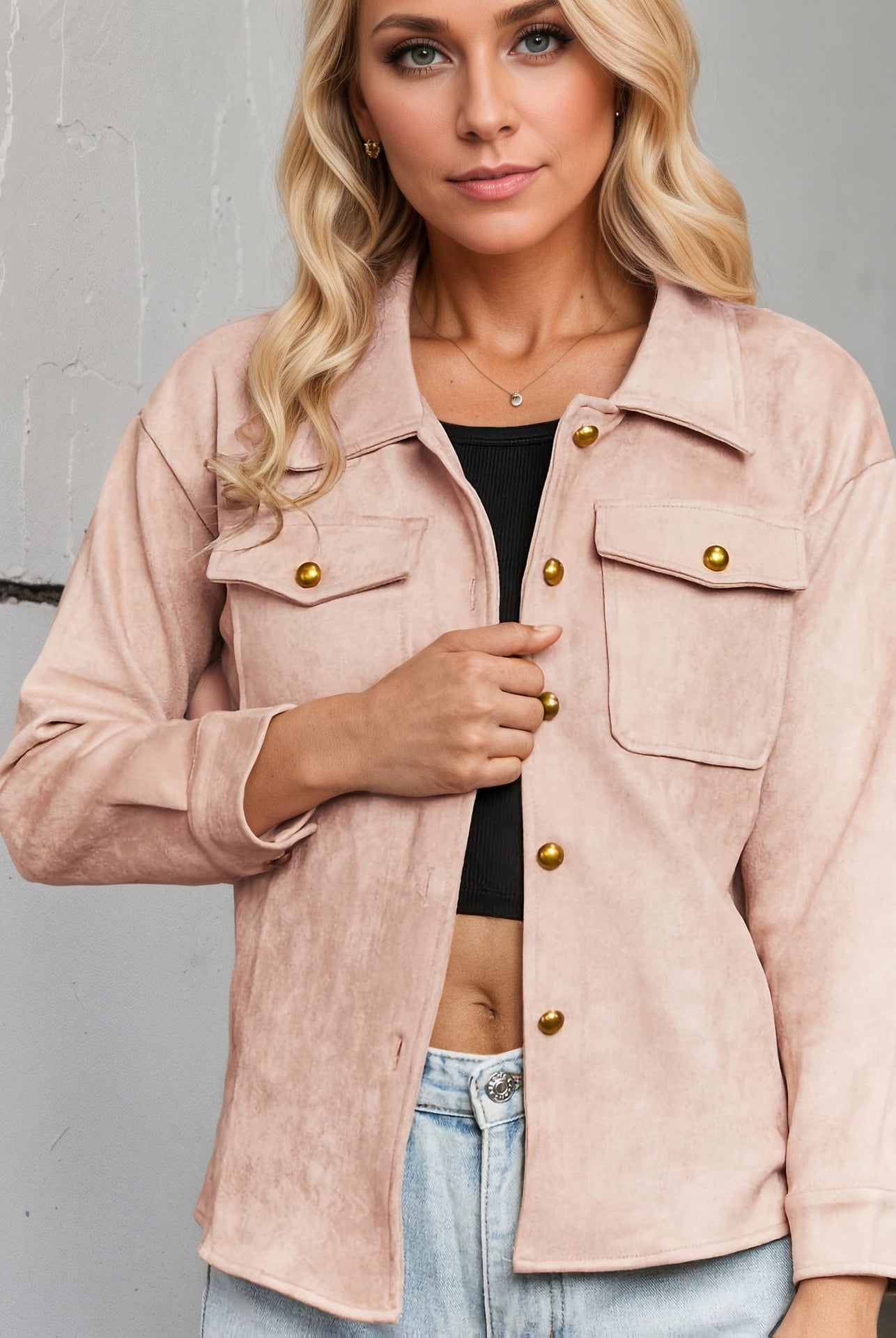 Blush pink suede Langry fashion jacket with gold buttons