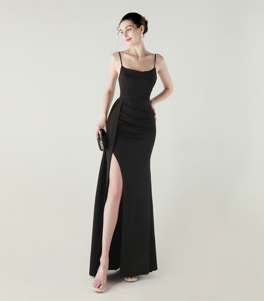 Elegant black satin mermaid gown with high slit in langry fashion