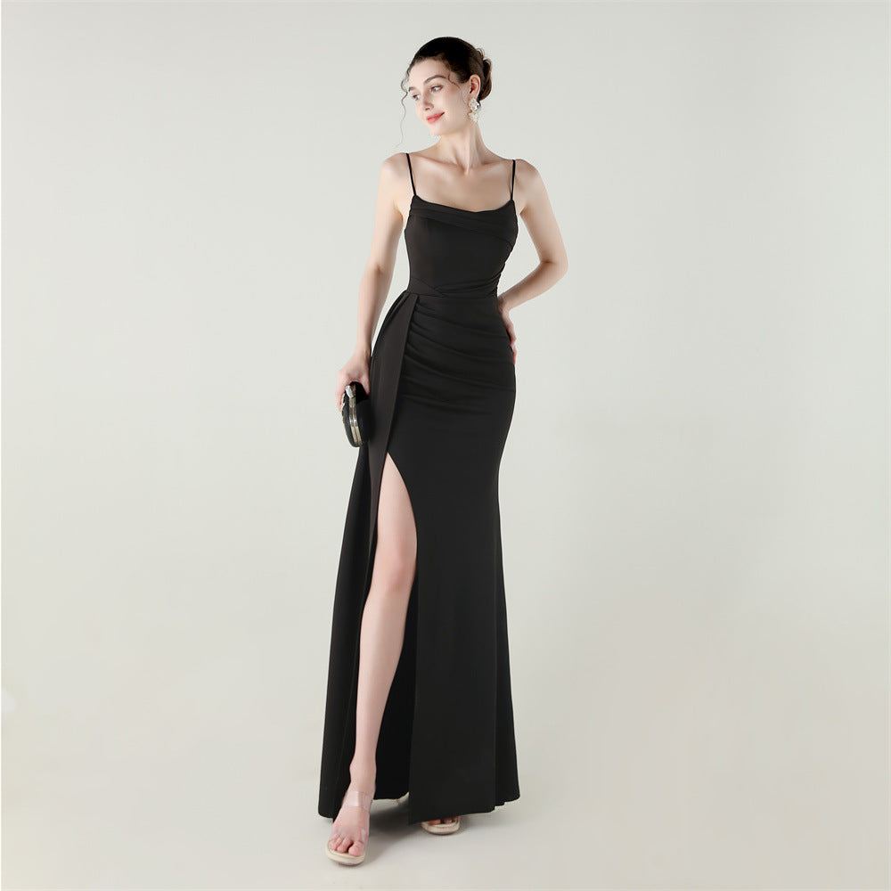 Elegant black satin mermaid gown with high slit in langry fashion