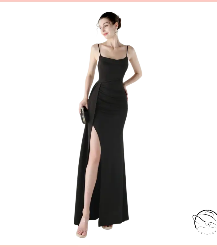 Elegant langry black satin mermaid gown with high slit