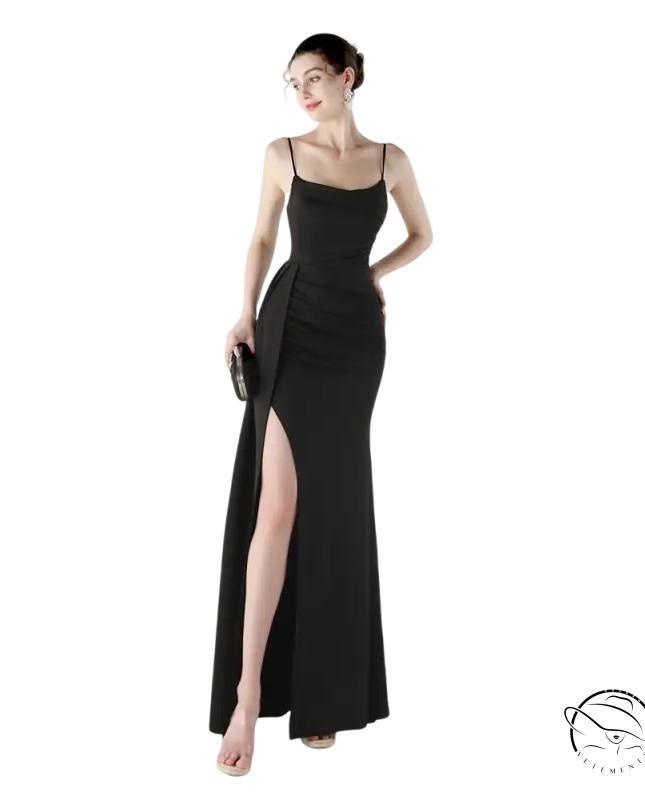 Elegant black satin mermaid gown with high slit and spaghetti straps by Langry fashion