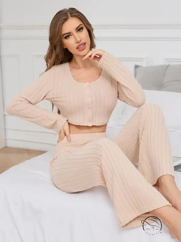 Woman in beige ribbed knit winter casual two piece pajamas