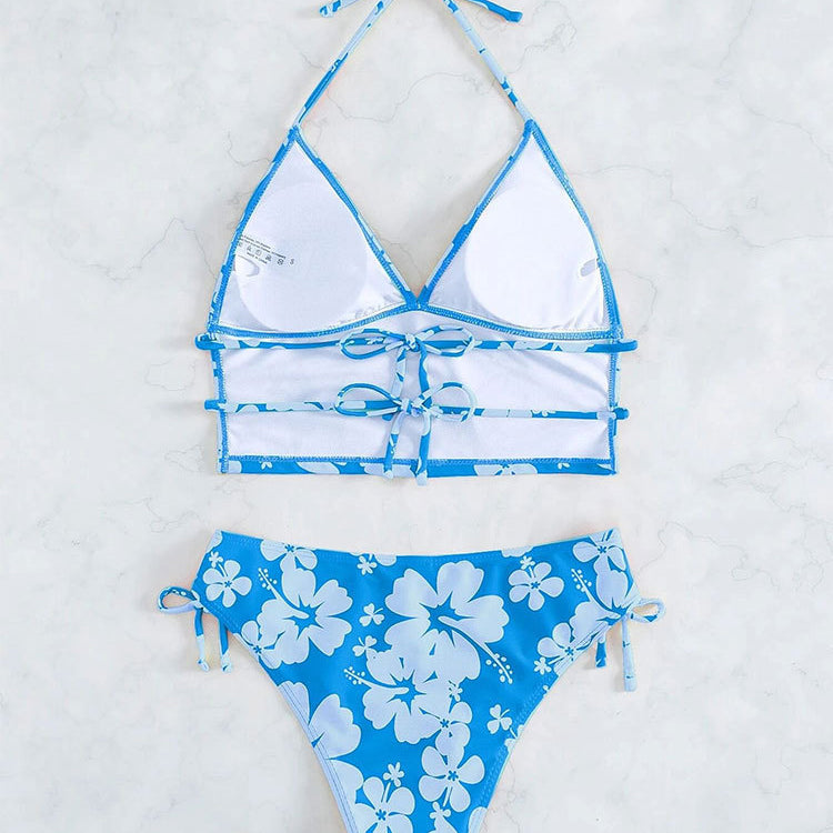 Blue and white floral bikini with suspenders printed high waist and high waist rope design