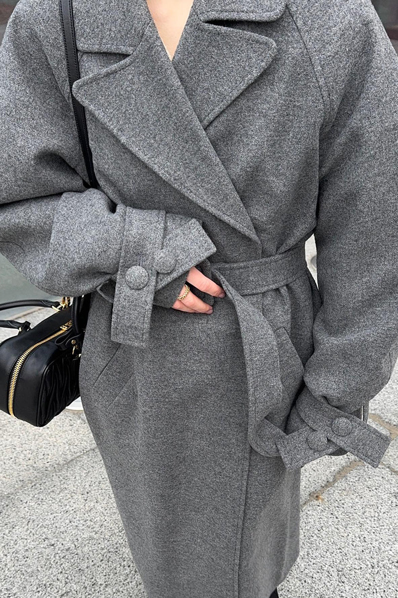 Gray woolen belted double-breasted coat in Langry fashion ملابس