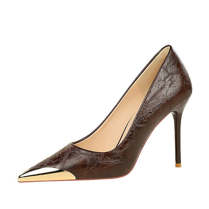 Langry fashion brown snakeskin pump with gold cap toe heel