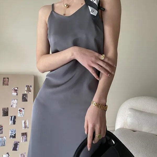 Gray obsidian black acetate satin dress with gold hardware and scarf detail