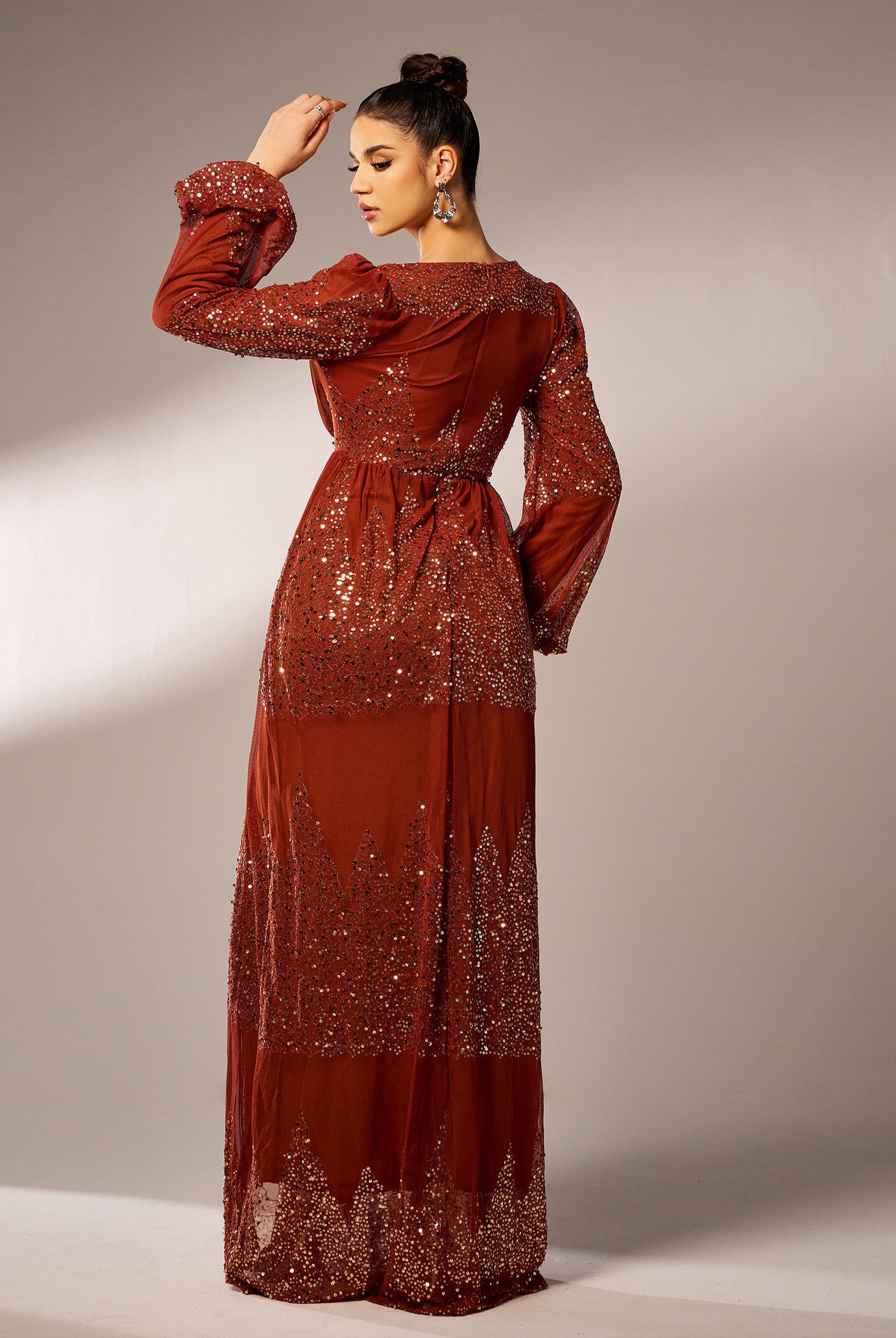 Elegant long-sleeved sequined red dress from High End Elegant Evening Dress collection