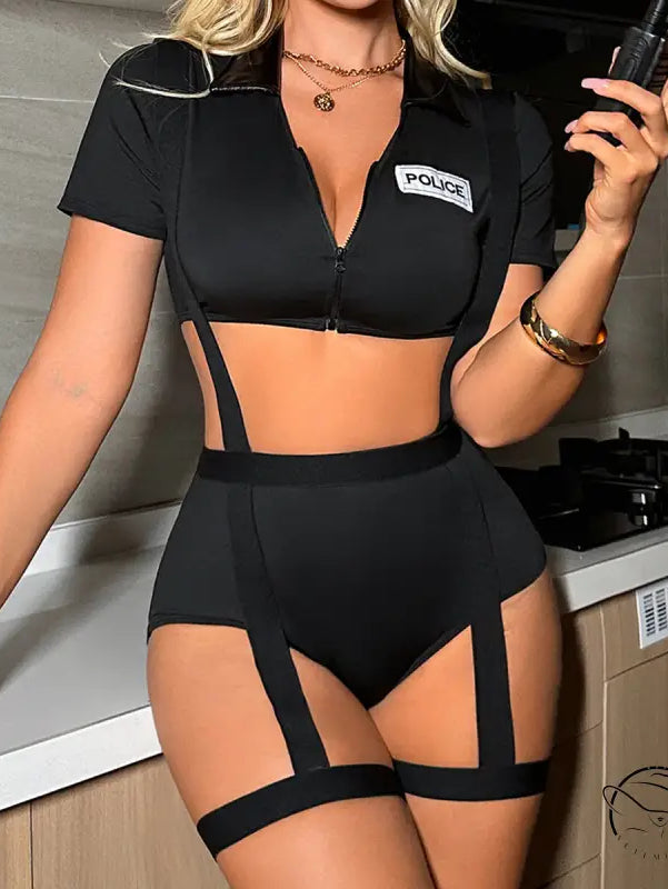 Black police uniform four piece set with garter belt and patch