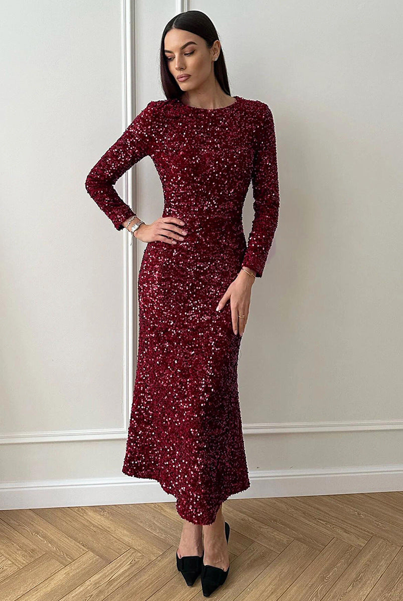 Burgundy sequined long-sleeve midi dress highlighting fashion elegance and ملابس style