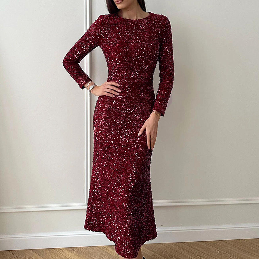 Burgundy sequined long-sleeve midi dress highlighting fashion elegance and ملابس style
