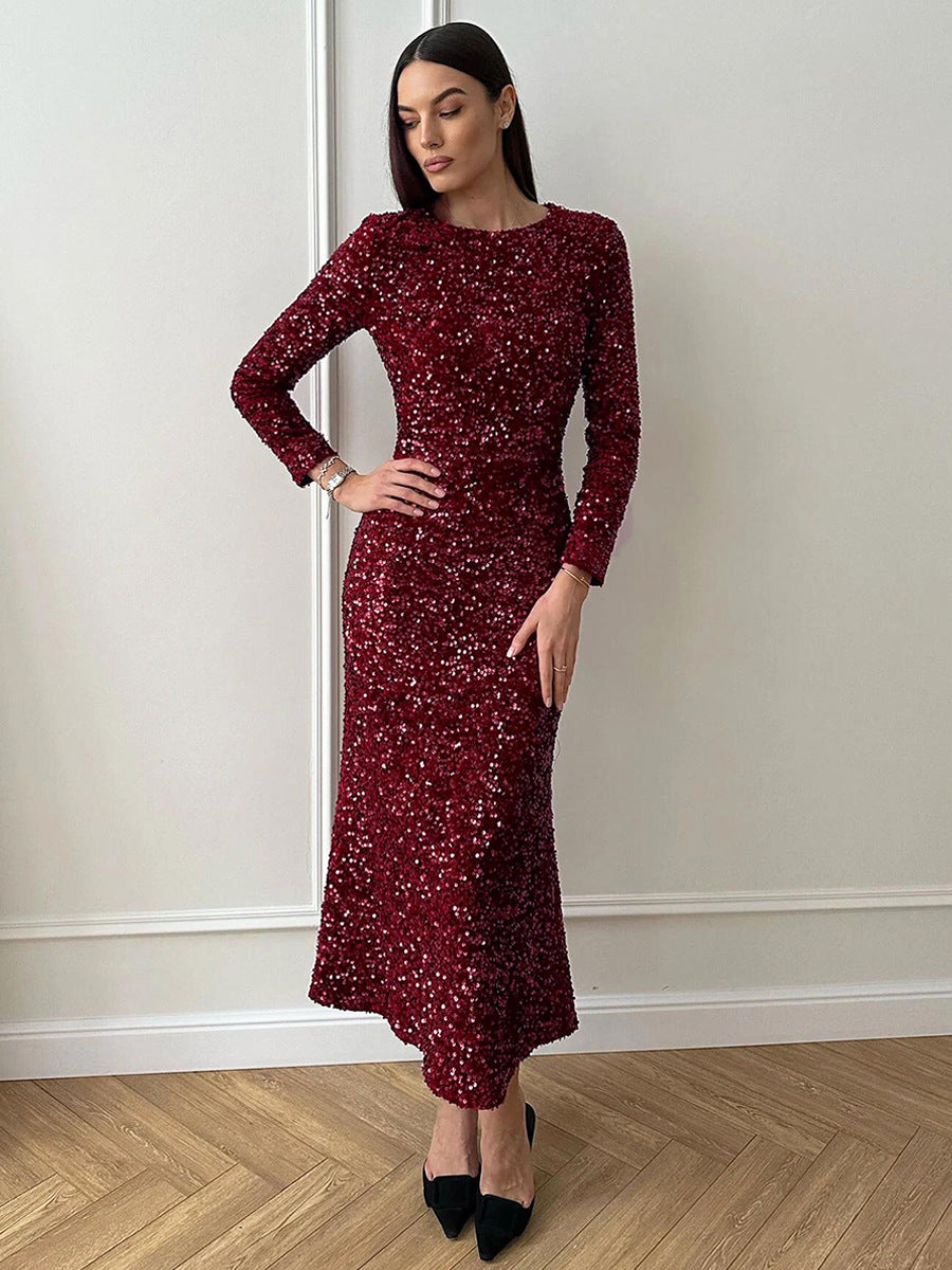 Burgundy sequined long-sleeve midi dress highlighting fashion elegance and ملابس style