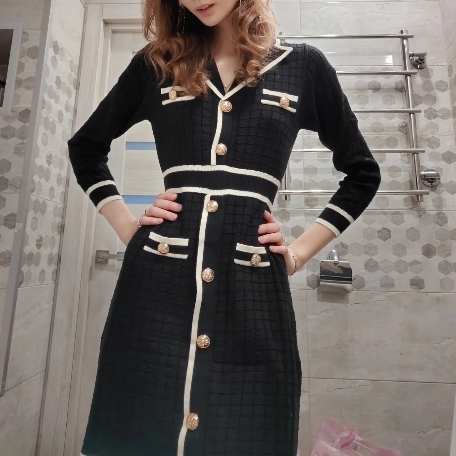 Black and white trim knitted classic dress with gold buttons for a timeless classic look