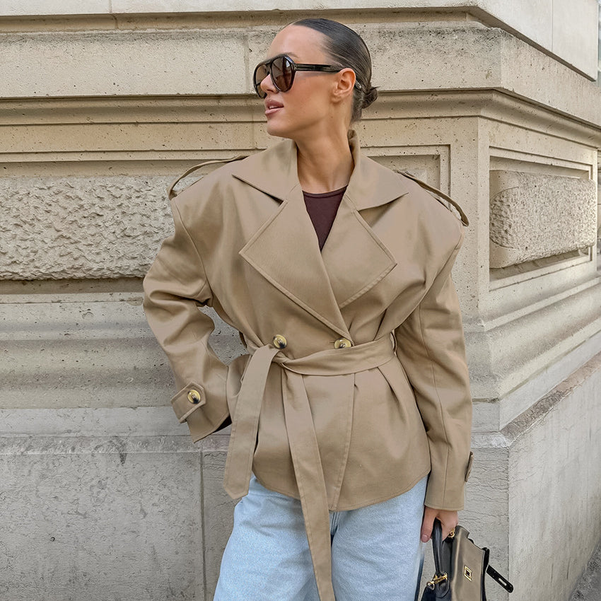 Trendy khaki langry fashion trench coat with belt detail