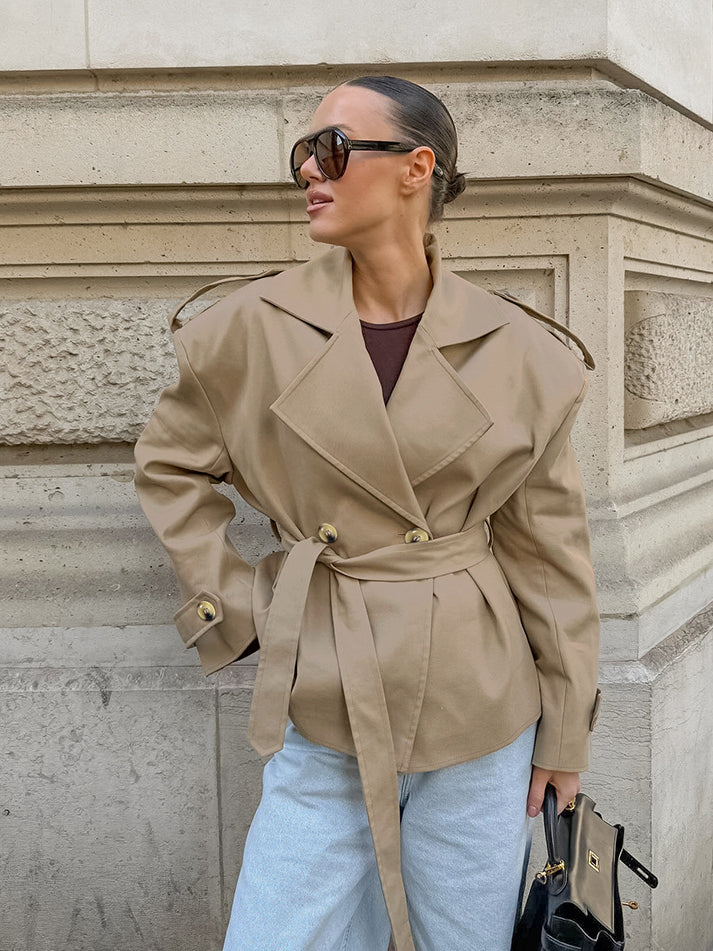 Trendy khaki langry fashion trench coat with belt detail