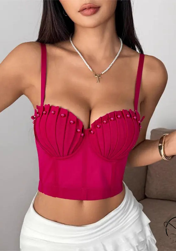 Fuchsia pleated camisole top in Langry fashion with pearl details