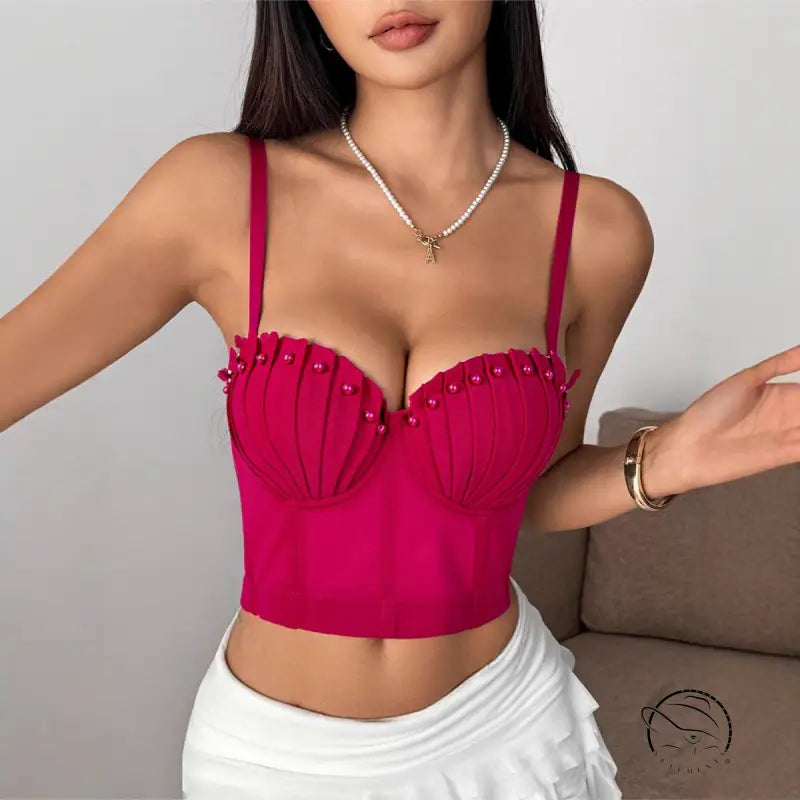 Fuchsia pleated camisole top in Langry fashion with pearl details