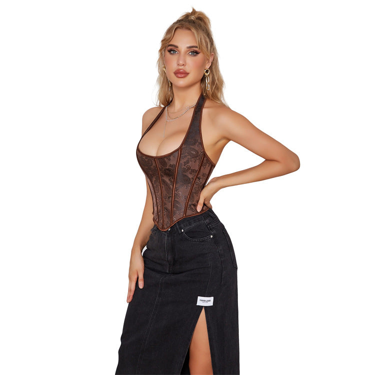 Woman in dark brown tube halter women court body shaping top and black skirt