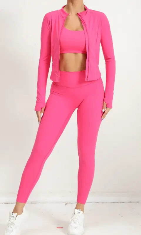 Neon pink three piece yoga clothes suit with zippered jacket and leggings