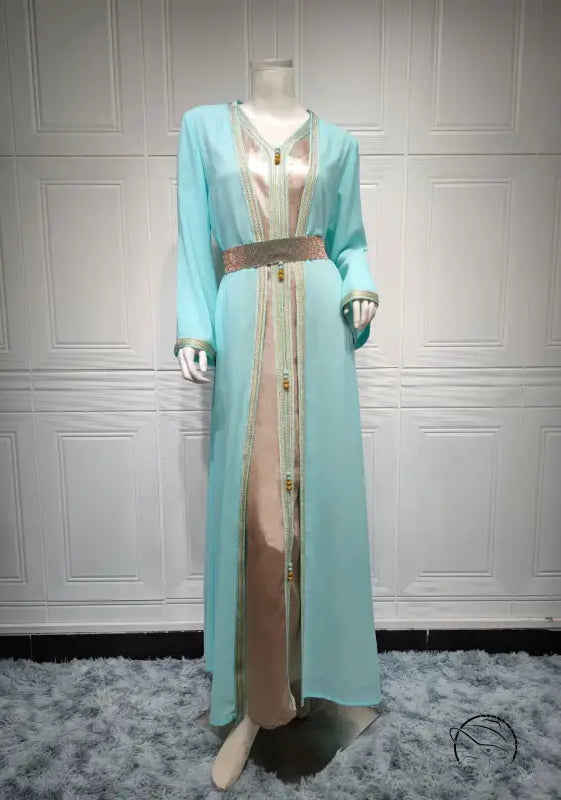 Beautiful light blue and beige langry fashion dress with gold accents