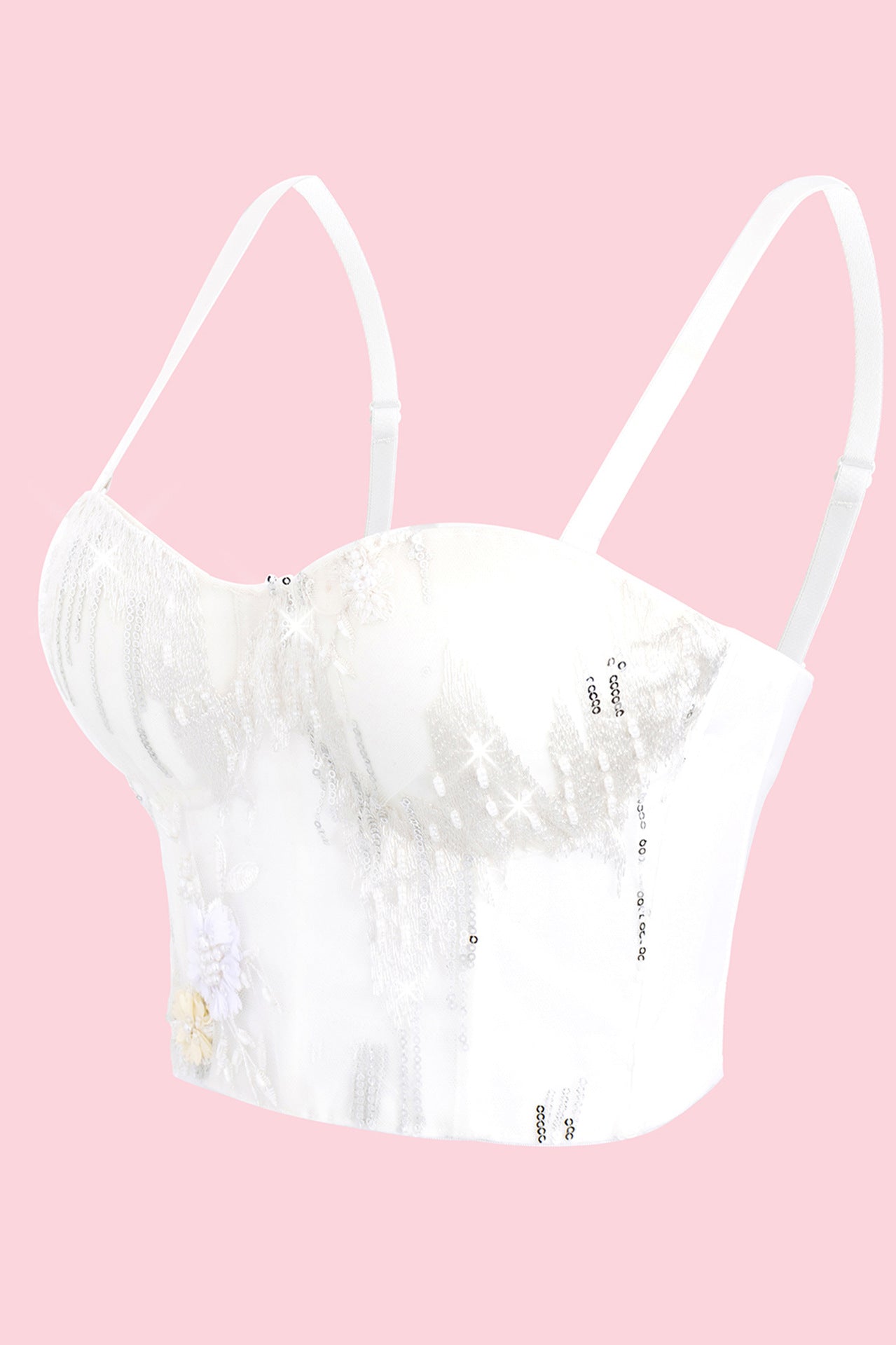 Langry white feathered bra top in All Matching Boning Corset with floral design