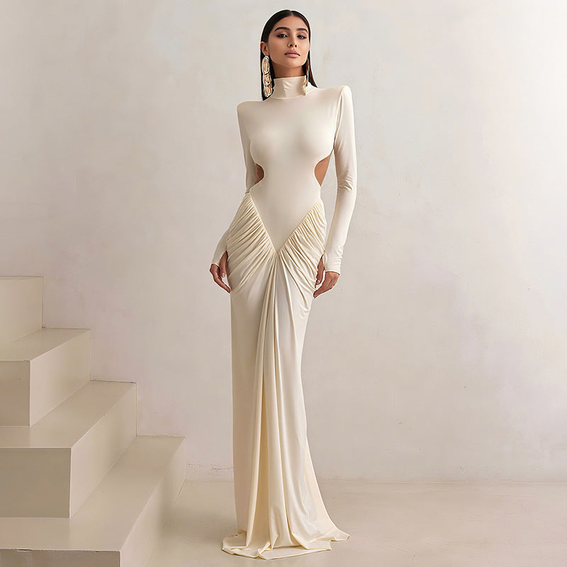 Beautiful high collar champagne satin maxi dress by Langry
