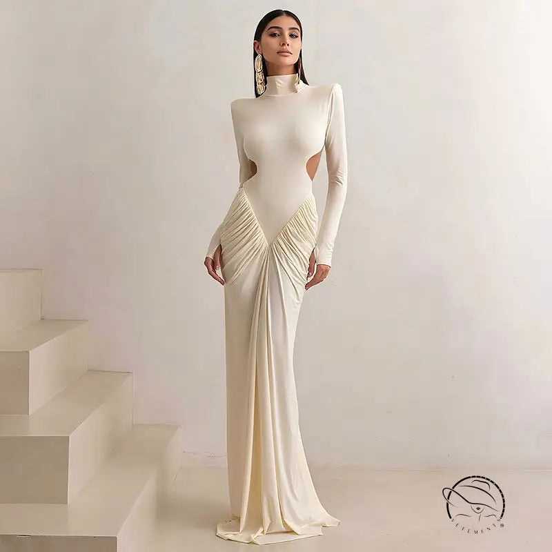 Beautiful high collar maxi dress in champagne satin with ruched bodice