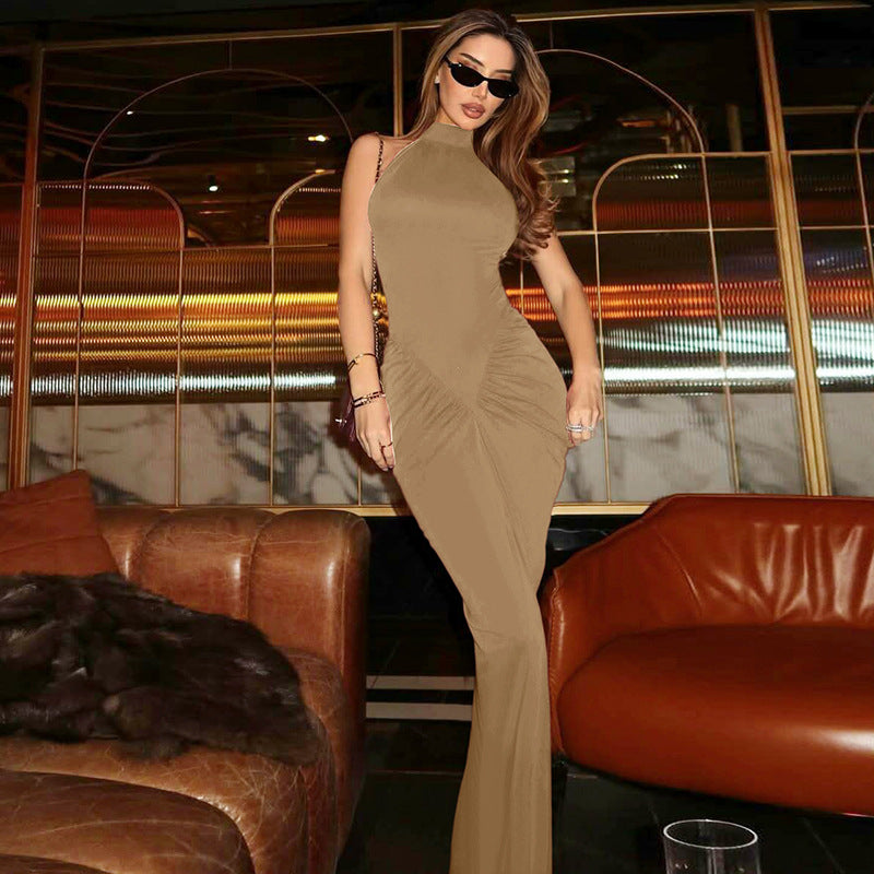Form-fitting brown halter maxi dress showcasing elegant Lanry fashion style