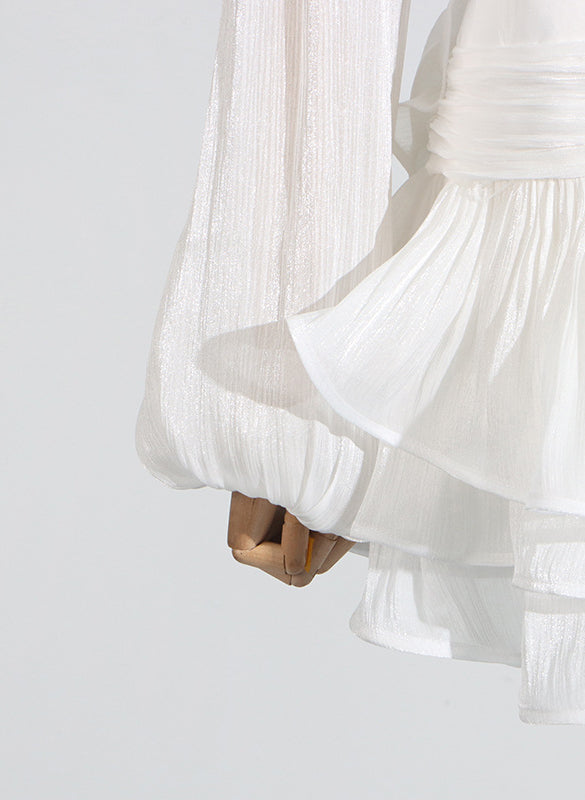 Langry fashion white ruffled blouse with bell sleeves and pleated bodice dress