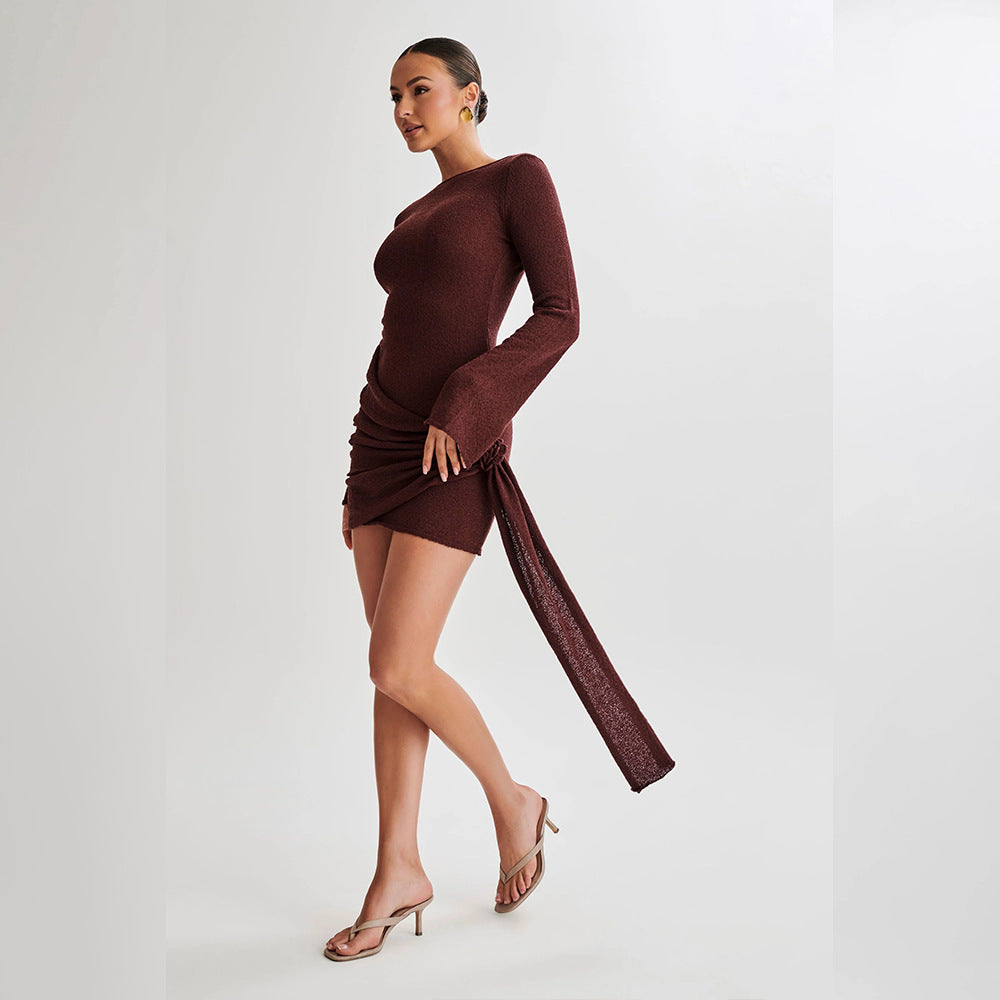 Burgundy long-sleeve mini dress showcasing elegant fashion and stylish ملابس design