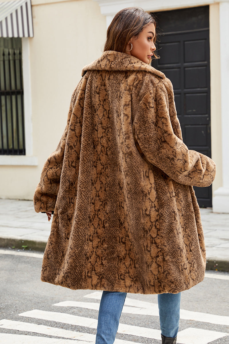 Cozy oversized brown faux fur coat with snakeskin pattern in Langry fashion