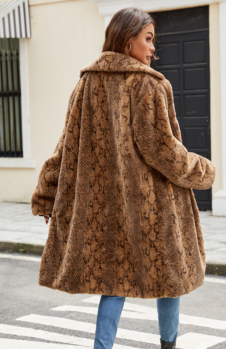 Cozy oversized brown faux fur coat with snakeskin pattern in Langry fashion