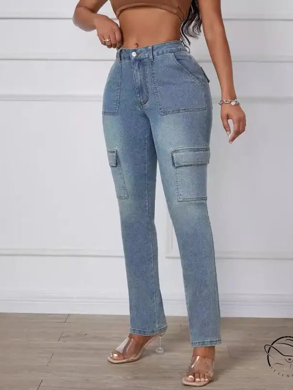 Light-wash straight skinny jeans with cargo side pockets