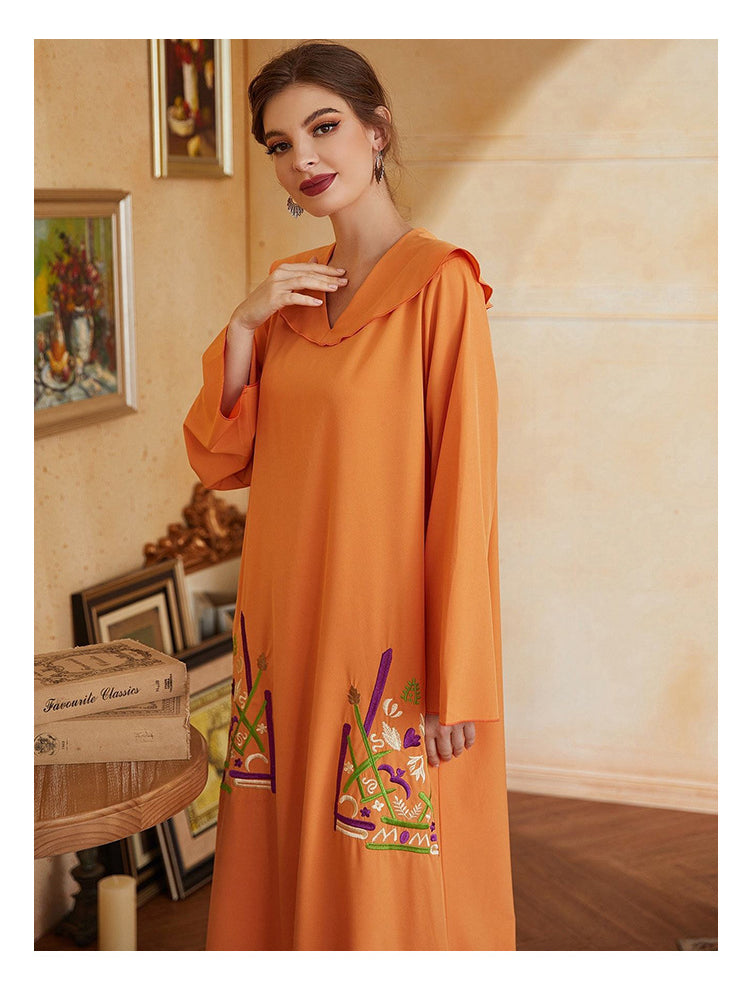 Orange Langry V-Neck Embroidery Fashion Dress with Hood and Floral Bag