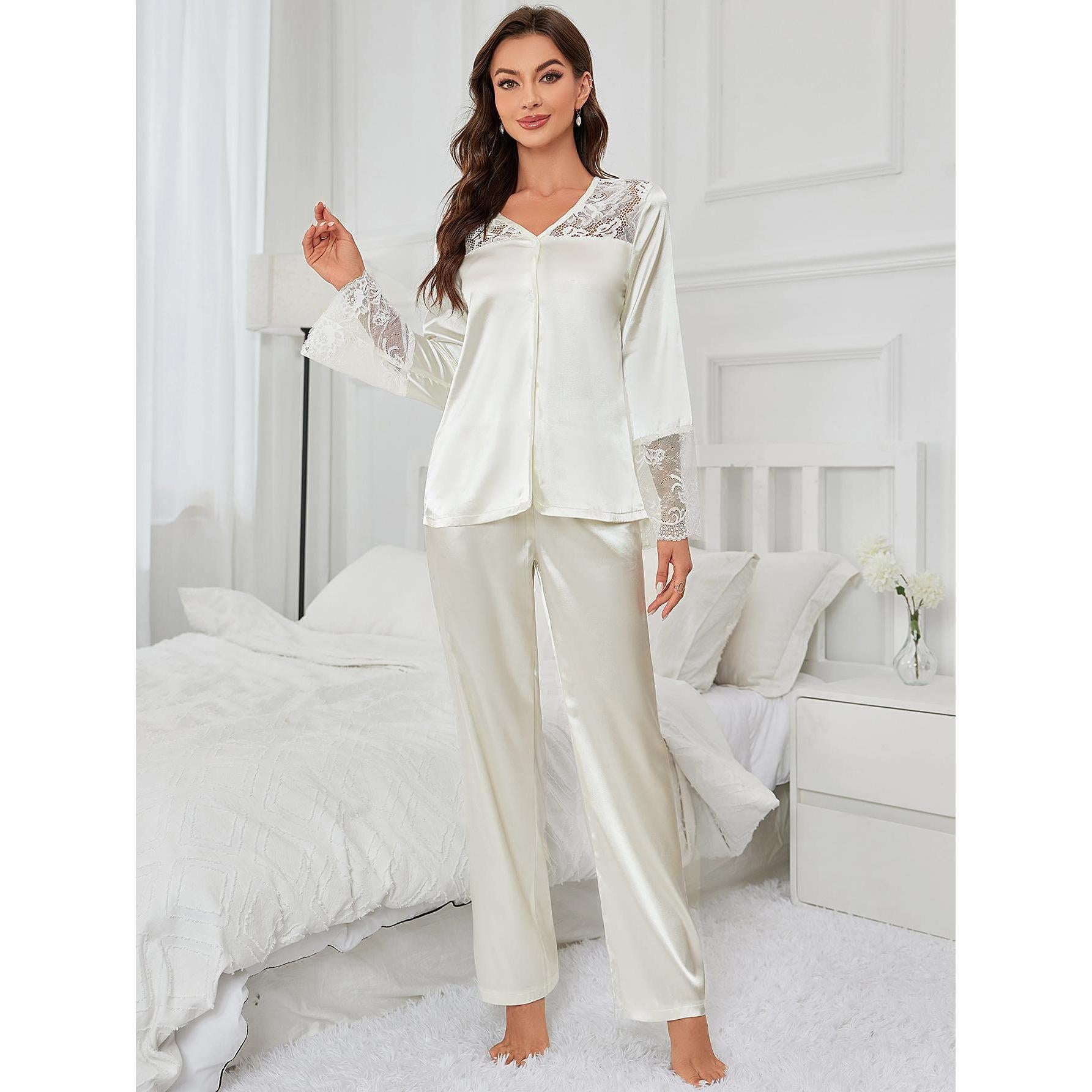 Woman in white satin lace details silk home wear set for elegant winter nightwear