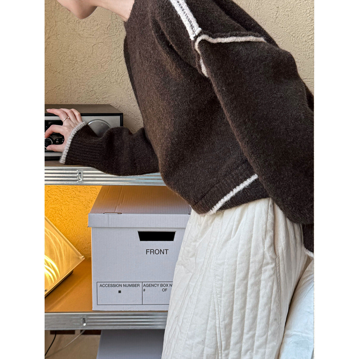 Brown Loose Casual Cozy Sweater with white trim detailing for stylish fashion choices