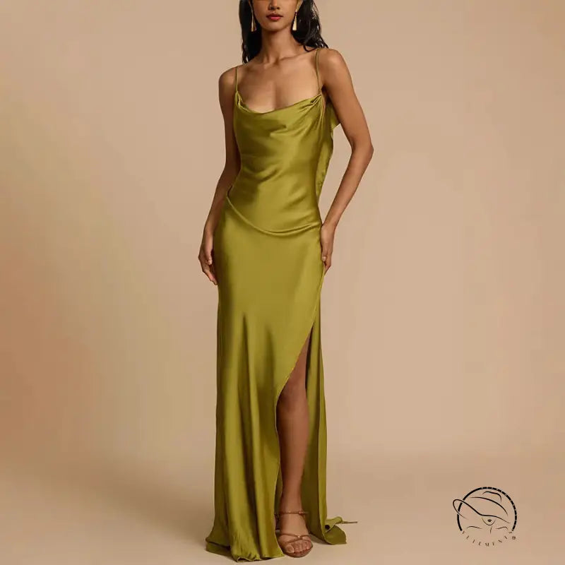 Stunning loose satin dress in olive green satin slip style